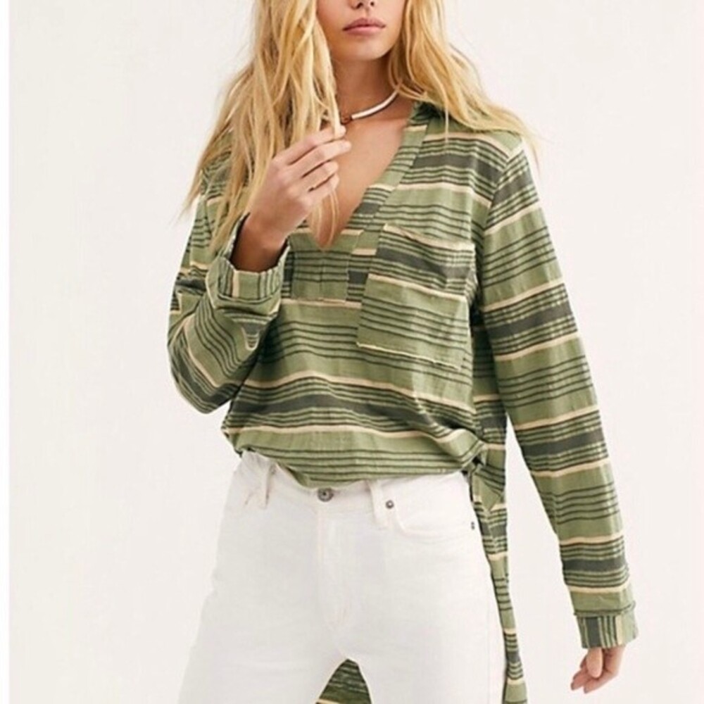 Free People Breaker Green Cotton Striped Tunic   High - Low Hem  SIZE - SM